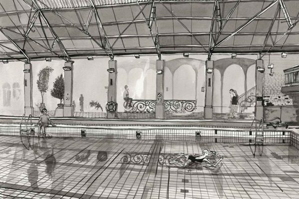 Wallpaper features: grayscale palette; repeating motifs of arched windows; metal-framed glass roof pattern; subtle outlines of swimmers and seated figures; soft shadow play evoking old China shop ambiance; water ripple textures. No bright colors—monochrome shades only.