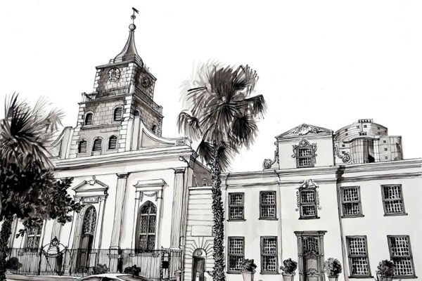 Black-and-white wallpaper sketch features: historic Lutheran church with a tall clock tower and spire, large arched windows, palm trees, ornate classical details (columns, cornices), all rendered in high-contrast black ink on white background.