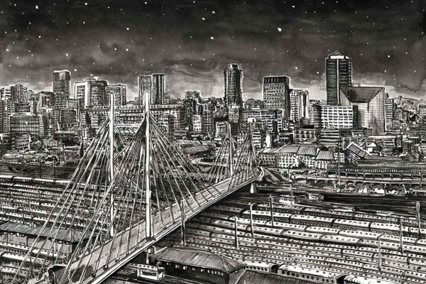Black and white city skyline at night wallpaper, features: Not China Shop cable-stayed bridge over railway tracks, modern high-rise buildings, starry night sky, sharp contrasts, no color (monochrome), clean lines.