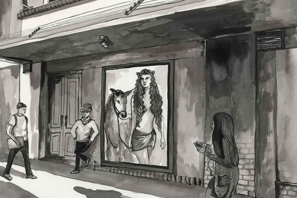 Wallpaper/mural elements: A woman and a horse. Black-and-white style, high-contrast illustration. Woman’s features stylized, possible flowing hair; horse depicted in profile beside her. No other colors—monochrome palette throughout the mural.