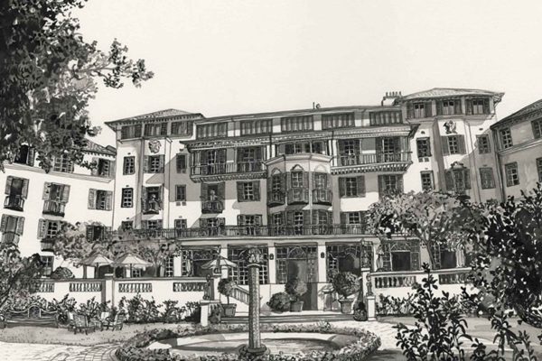 Black-and-white wallpaper features the elegant ZEITZ 08 hotel building with numerous windows and balconies, accentuated by lush greenery motifs. Central to the design is a stylized fountain in a landscaped courtyard, framed by illustrated trees and bushes. Monochrome palette; highlighted elements: hotel facade, multiple windows/balconies, fountain centerpiece, dense foliage—trees and shrubbery—all rendered in detailed black-and-white linework.