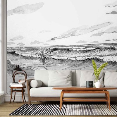 Black-and-white mural wallpaper featuring stylized ocean waves inspired by Tafelberg Road, with bold flowing lines, cresting wave shapes, and dramatic contrasts between dark and light areas.