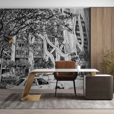 Wallpaper features: ZEITZ mural, black-and-white city scene, illustrated cars, leafy trees, varied buildings; monochrome palette with shades of gray and white; urban landscape details.