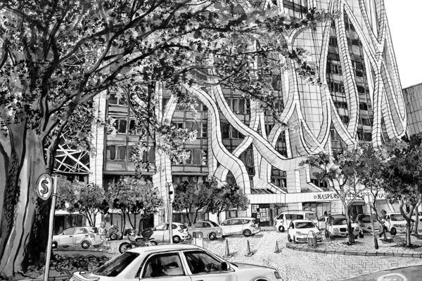 Wallpaper features: Curved, organic-patterned architecture of ZEITZ 06 building in soft beige and gray tones; busy city street with parked cars in dark blues and silvers; green trees lining the sidewalk; people in muted clothing near entrance and street; overall urban palette with accents of green from foliage and neutral building colors.