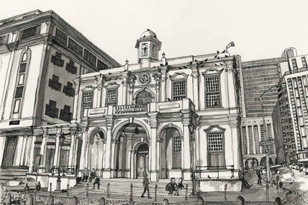 Wallpaper features: detailed black-and-white line illustration; historic Old Town House with classical columns, arched doorways; surrounded by sleek modern high-rise buildings; people walking nearby on the street. Main elements: architectural contrast, urban scene, monochrome palette (black, white), intricate details.