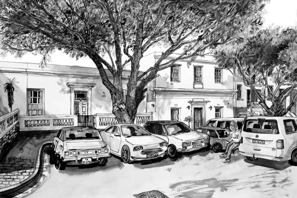 Black-and-white wallpaper features large leafy trees, parked cars, and two people on a bench. Mutual Heights' ornate historic buildings are visible with decorative façades and grand foyer windows. Key elements: trees, street scene, benches, cars, vintage architecture—all in grayscale.
