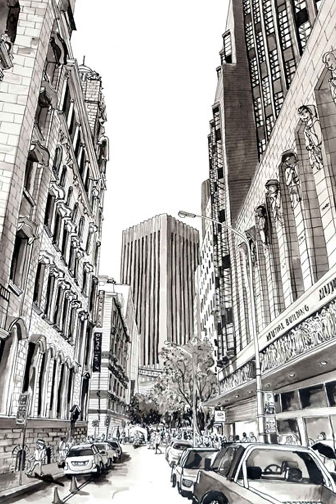 Black-and-white wallpaper illustration: Adderley Street scene with detailed tall city buildings, parked cars along the curbs, and clusters of people on busy sidewalks; a distinctive modern skyscraper towers in the background while a bag lady walks by in the foreground. Elements are rendered in grayscale—black lines, white highlights, and varying gray shadows capture architectural features and street life.