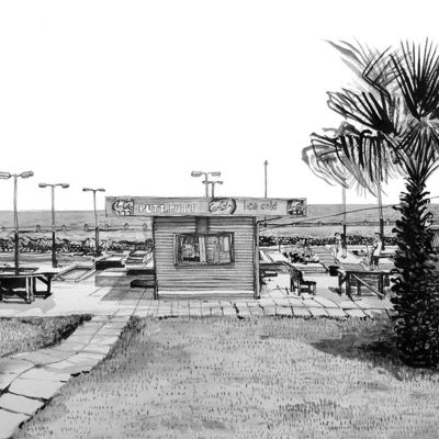 Black and white wallpaper drawing features: a small snack stand labeled “Platte Point Ice Cold,” shaded by a nearby palm tree; simple picnic tables beneath; stylized streetlights; open, unobstructed landscape in the background. No hippos present. The only colors are black ink lines on a white background, emphasizing crisp outlines and light shading—classic museum sketch style.