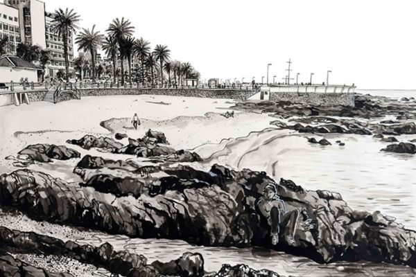 Black and white wallpaper illustration of Rocklands Rocks coastal scene: features jagged rocky shore, smooth sandy beach, distinctive palm trees, silhouettes of people relaxing and walking, buildings and seaside promenade in background; high contrast detailing with bold black lines and white spaces, emphasizing textures of rocks, leaves of palms, outlines of figures; overall monochrome palette—only black and white used.