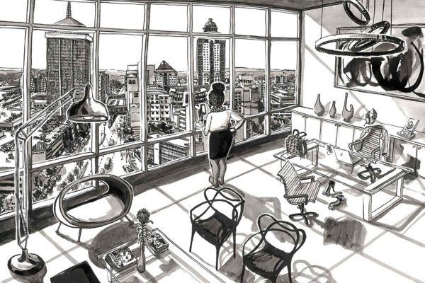 Wallpaper features: Monochrome palette with sharp black and white contrasts. Stylized Camps Bay skyline; silhouettes of palm trees and Table Mountain. Large geometric window grids. Repeated motifs of contemporary furniture outlines—sleek desks, modern chairs, laptops. Minimalist dog walker and person figures in profile. Linear patterns emphasize urban scenery and indoor-outdoor connection. No color accents—pure grayscale for bold visual impact.
