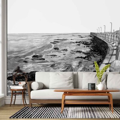Black-and-white mural wallpaper depicting a striking coastal walkway and ocean scene; features strong contrasts, sweeping lines of the path, distant waves, silhouetted railings, and varying grayscale tones for dramatic visual impact. Coastal landscape elements include cliffside edges, open sky gradients, and detailed textures evocative of seaside scenery.