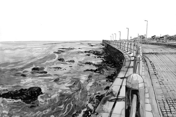 Black and white wallpaper illustration of Sea Point Promenade: repeating pattern of vintage street lamps and metal railings running parallel to a rocky shoreline; calm sea on the left, paved walkway on the right. Key visual elements: monochrome palette, graphic lines, street lights, railings, textured rocks, smooth water. No color—only shades of black, white, grey. Suitable as seamless backdrop or mural.