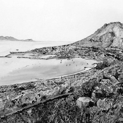 Black and white wallpaper illustration of a coastal town with a curved bay, harbor, prominent Cape Sun Hotel near a mountain, foreground vegetation and buildings along the shoreline. Elements: curved coastline, harbor boats, Cape Sun Hotel silhouette, mountain backdrop, trees and rooftops. Colors: monochrome black and white only.