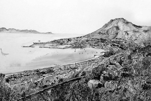 Black and white wallpaper illustration of a coastal town with a curved bay, harbor, prominent Cape Sun Hotel near a mountain, foreground vegetation and buildings along the shoreline. Elements: curved coastline, harbor boats, Cape Sun Hotel silhouette, mountain backdrop, trees and rooftops. Colors: monochrome black and white only.