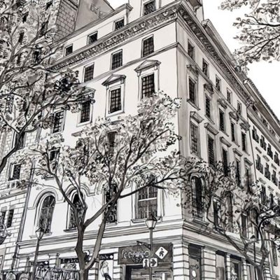 Black and white wallpaper featuring Cape Town Station; tall historic building on a city corner, outlined trees in front, pedestrians on sidewalk, and shopfronts at street level. Monochrome palette with strong contrasts; architectural lines, urban details, minimalistic people silhouettes prominent in the illustration.