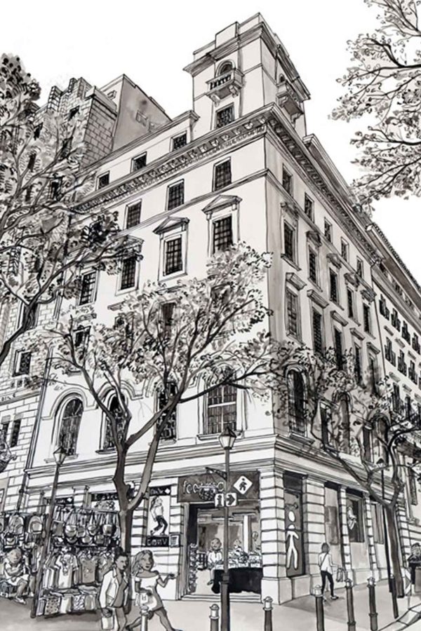Black and white wallpaper featuring Cape Town Station; tall historic building on a city corner, outlined trees in front, pedestrians on sidewalk, and shopfronts at street level. Monochrome palette with strong contrasts; architectural lines, urban details, minimalistic people silhouettes prominent in the illustration.