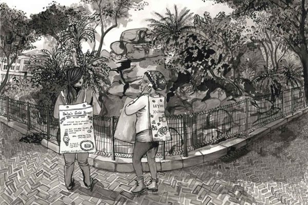 Wallpaper features a black and white illustration with paved path, fenced park, rocks, and trees. Two figures wear sandwich board signs with writing and drawings. All elements are monochrome, emphasizing outlines and contrast in grayscale.