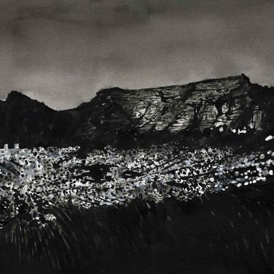 Monochrome wallpaper featuring a dramatic mountain silhouette above a cityscape at night; scattered city lights, deep shadows, cloudy sky—all rendered in striking black, white, and gray tones. Elements: mountain, city below, night sky with clouds, glowing windows/lights. Palette: grayscale (black/white/gray) only.
