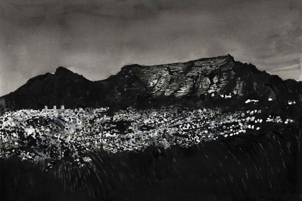 Monochrome wallpaper featuring a dramatic mountain silhouette above a cityscape at night; scattered city lights, deep shadows, cloudy sky—all rendered in striking black, white, and gray tones. Elements: mountain, city below, night sky with clouds, glowing windows/lights. Palette: grayscale (black/white/gray) only.