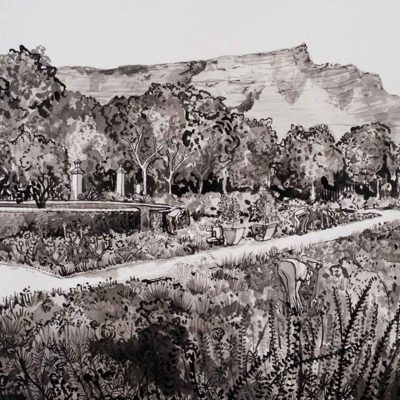 Black and white wallpaper illustration: Garden at Cartwright Corner; people tending plants, winding paths, lush vegetation. Trees in the background; mountain ridge behind. Stylized linework; high contrast black and white; no color—just whites, greys, blacks. Main elements: gardeners, flowers, bushes, winding garden paths, trees silhouetted against mountains. Ornamental pattern focus; dense with plant life and scenery detail—ideal for nature-themed decor searches.