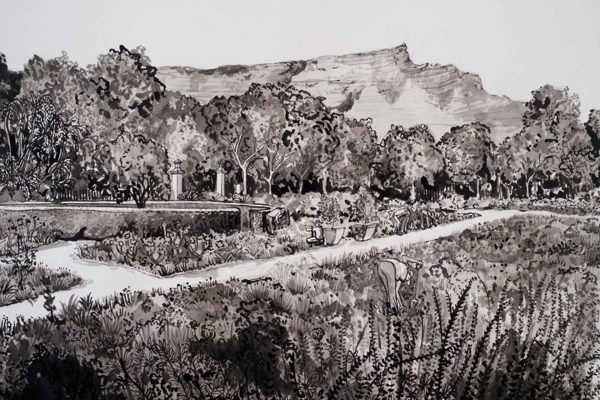 Black and white wallpaper illustration: Garden at Cartwright Corner; people tending plants, winding paths, lush vegetation. Trees in the background; mountain ridge behind. Stylized linework; high contrast black and white; no color—just whites, greys, blacks. Main elements: gardeners, flowers, bushes, winding garden paths, trees silhouetted against mountains. Ornamental pattern focus; dense with plant life and scenery detail—ideal for nature-themed decor searches.
