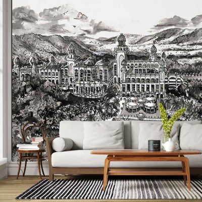 Black-and-white mural wallpaper depicting the Lost Palace—a grand, ornate architectural building with intricate detailing, domes, and arches. Behind the palace rise majestic mountains in grayscale tones. The artwork is monochromatic, using shades of black, white, and gray for a dramatic landscape effect. Key elements: palace facade, mountain range backdrop, architectural details—arches, columns—rendered in high-contrast black and white.