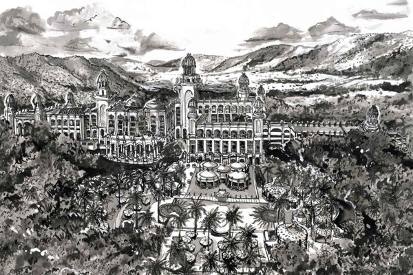 Black and white wallpaper depicts a Lost Palace with grand domes, ornate arches, surrounded by lush gardens and tall palm trees. Dramatic hills and swirling sky in the background. Foreground includes intricate structures, winding pathways, flourishes of foliage. No color—pure black ink on white background; detailed line art style; high contrast; maximalist ornamental patterns; exotic Middle Eastern or Indian architectural motifs.