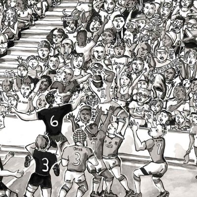 Black and white wallpaper featuring a packed sports stadium scene: energetic fans fill the stands, waving banners and cheering; two opposing teams compete for a ball on the field in the foreground. High contrast; dynamic use of black, white, and gray tones emphasizes enthusiasm and movement. The composition evokes lively crowds, panoramic stands, bold silhouettes, crisp lines—ideal for search terms such as 