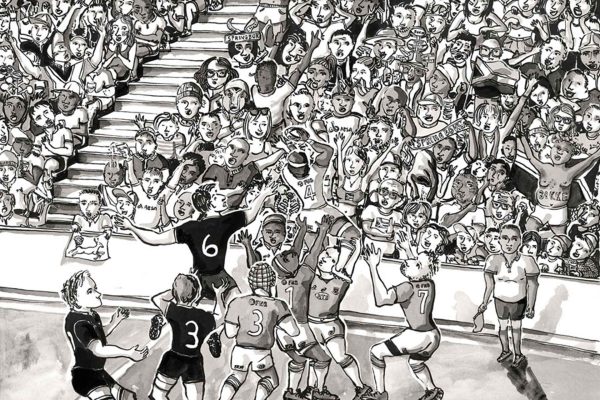 Black and white wallpaper featuring a packed sports stadium scene: energetic fans fill the stands, waving banners and cheering; two opposing teams compete for a ball on the field in the foreground. High contrast; dynamic use of black, white, and gray tones emphasizes enthusiasm and movement. The composition evokes lively crowds, panoramic stands, bold silhouettes, crisp lines—ideal for search terms such as "stadium crowd", "cheering fans", "sports competition", "black white illustration", "dynamic atmosphere".