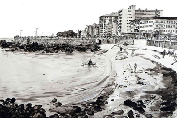 Black and white wallpaper illustration: beach scene—people walking, swimming; rocky shore foreground; tall apartment buildings in background with greenhouse-like silhouette. Elements: beach, rocks, people, water, swimming, city skyline. Colors: black, white (monochrome).
