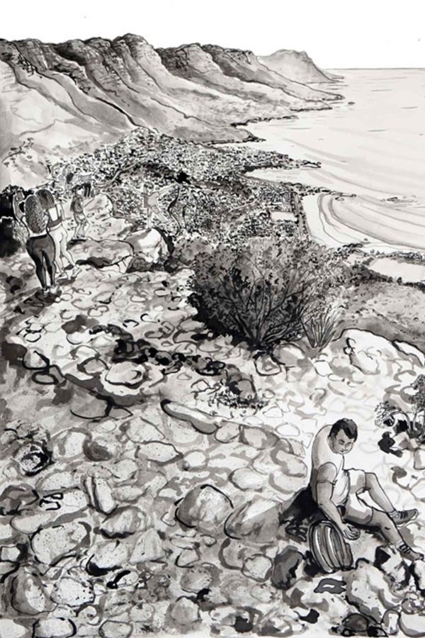 Ink drawing, rocky coastal trail; people walking path; seated person foreground amid rocks, shrubs; weathered stone facade nearby. Background: hills, ocean. Wallpaper highlights: silhouettes, fine ink lines; black and white with subtle gray shading. Elements: rugged coastline, natural textures—rocks, shrubby plants—old stone wall. Mood: tranquil outdoorscape.