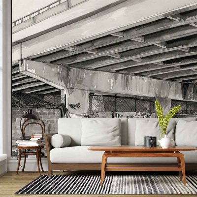 The wallpaper features a black and white mural of an urban overpass, showcasing bold architectural lines, stark contrasts, and detailed cityscape elements. The monochrome palette emphasizes shadows and structures, with sweeping bridge forms and geometric patterns reminiscent of museum-quality urban art.