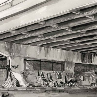 Black and white wallpaper illustration: Makeshift tents and draped blankets form temporary shelters beneath a concrete overpass. Scattered belongings—bags, shoes, crates—dot the ground. Pillars display vivid graffiti in swirling patterns (mainly stark black lines). The overall palette is monochrome; tones of gray, black, and white dominate the scene. Urban decay and street art are prominent elements throughout the wallpaper design.