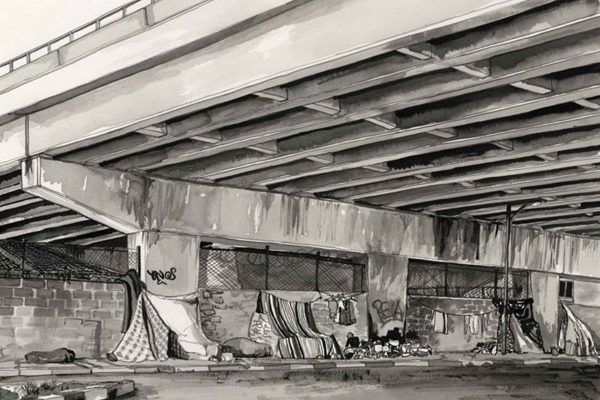 Black and white wallpaper illustration: Makeshift tents and draped blankets form temporary shelters beneath a concrete overpass. Scattered belongings—bags, shoes, crates—dot the ground. Pillars display vivid graffiti in swirling patterns (mainly stark black lines). The overall palette is monochrome; tones of gray, black, and white dominate the scene. Urban decay and street art are prominent elements throughout the wallpaper design.