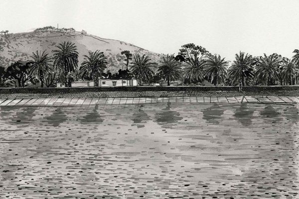Grayscale watercolor wallpaper featuring palm trees, small waterfront buildings, and The Castle on a hill in the background; all elements are reflected in calm water. Main elements: palm trees, buildings, castle, water reflections. Dominant colors: shades of gray, black, and white.