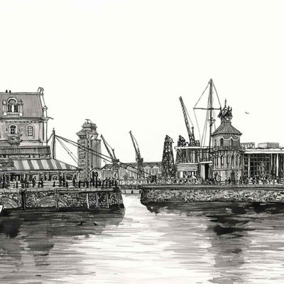 Black and white harbor wallpaper features: waterfront buildings, docked boats, tall cranes, bustling crowds of people, a lone swimmer in the water. Industrial port scene echoes Muizenberg’s lively charm. Dominant colors: black, white, grayscale. Elements highlighted: architecture, maritime vessels, crane silhouettes, human activity along shoreline.
