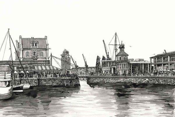 Black and white harbor wallpaper features: waterfront buildings, docked boats, tall cranes, bustling crowds of people, a lone swimmer in the water. Industrial port scene echoes Muizenberg’s lively charm. Dominant colors: black, white, grayscale. Elements highlighted: architecture, maritime vessels, crane silhouettes, human activity along shoreline.