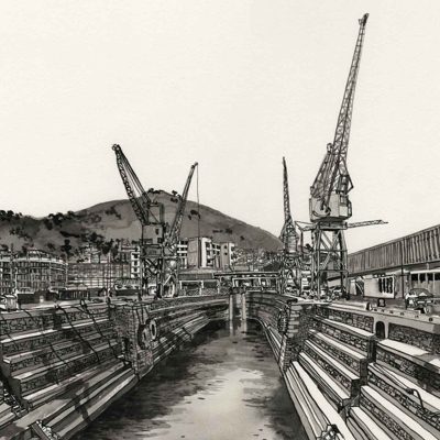 Black and white wallpaper drawing: shipyard on foreshore, large cranes, dry docks, surrounding industrial buildings; background hill with trees; clear sky above. Elements highlighted: cranes, dry docks, buildings, hill with trees. Color theme: black and white (monochrome).