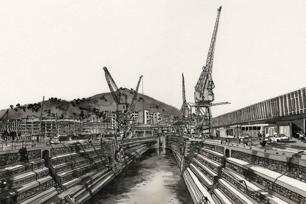 Black and white wallpaper drawing: shipyard on foreshore, large cranes, dry docks, surrounding industrial buildings; background hill with trees; clear sky above. Elements highlighted: cranes, dry docks, buildings, hill with trees. Color theme: black and white (monochrome).