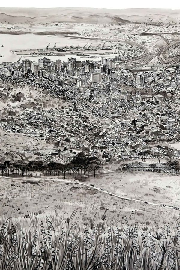 Black and white wallpaper illustration: - City with tall buildings near a harbor - Surrounded by hills and residential areas - View from elevated grassy field in foreground - Prominent Lion’s Head mountain visible - Only black, white, and grayscale tones used.