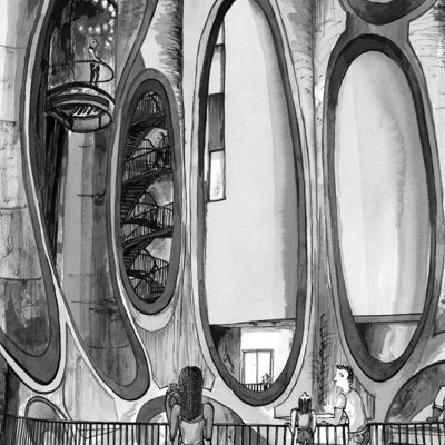 Wallpaper features: curved, organic shapes in soft cream and muted gray tones; tall, oval window motifs with translucent gradients; hints of metallic accents (silver, gold); abstract spiral patterns reminiscent of a staircase; subtle pops of lively color (turquoise, ochre) evoking market bustle.
