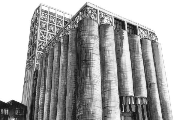 Black and white wallpaper illustration: Features a modern building with tall cylindrical silos in the foreground and a large rectangular structure above. The design is characterized by strong linear elements, bold contrast, and industrial architectural style. Silhouetted trees and curved path evoke the scenic Company Gardens setting. Color palette: black, white, grayscale tones; no additional colors present.