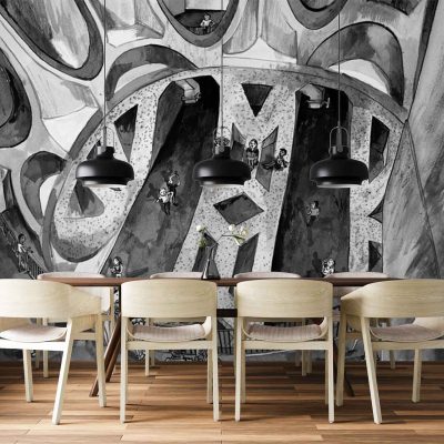 Wallpaper features a black-and-white abstract mural with bold geometric shapes (circles, lines, rectangles) and small illustrated figures. The design uses high-contrast black and white tones, with the figures subtly integrated among the geometric forms. No color is present beyond black and white.
