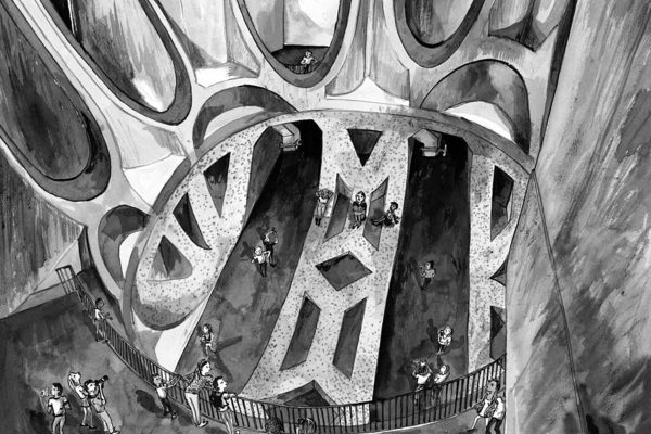 Black-and-white wallpaper featuring curved, organic architectural forms and patterned walkways; includes silhouetted people walking, standing, and leaning on railings. Intricate archways and flowing lines evoke a tranquil atmosphere. Dominated by shades of black, white, and gray—no additional colors.