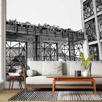 Large wall mural inspired by Mavericks St; features urban architecture with geometric patterns, black-and-white cityscape elements, bold lines, and contrasting shapes; dominant colors are black, white, and shades of gray; skyscraper silhouettes and modern city motifs.