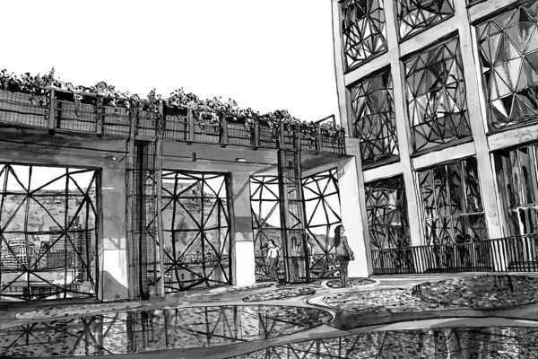 Black and white wallpaper illustration: geometric glass windows, abstract patterns, raised walkway lined with plants, reflective puddles mirroring the architecture; two figures walking; bold contrasts of black and white shapes; wallpaper features angular lines, repeating geometric motifs, glossy reflections.