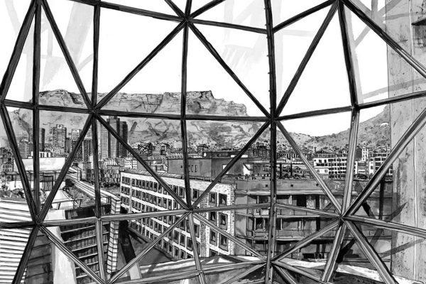 Black and white wallpaper; geometric glass dome with intersecting lines; cityscape in foreground featuring buildings and skyscrapers; distant mountains visible beyond city; dome’s structure echoes winding, structured paths like garden layouts; monochrome palette, sharp contrast of black lines and white spaces.