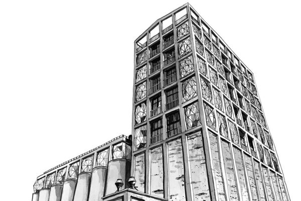 Black and white wallpaper illustration features: tall modern waterfront building with geometric windows, adjacent cylindrical silos, bold clocktower; low-angle view; strong black lines on white background; focus on striking shapes and architectural patterns. Colors: Black, White.