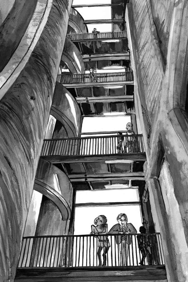 Black-and-white illustration of multiple people standing and conversing on staggered, open walkways with flowing, curved walls and railings inside the ZEITZ 01 building, viewed from a low angle looking upward. The wallpaper features bold black lines forming organic, abstract curves and concentric contours that echo the building’s architecture. Main elements highlighted: abstract curved lines, wavy contours, high-contrast black-and-white palette, architectural rails/balconies pattern—only in black and white.