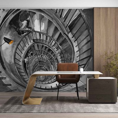 Wallpaper features: ZEITZ 10 mural, black-and-white spiral staircase, high-contrast swirls, central perspective, person walking downward on stairs. Monochrome palette (black/white/gray), architectural lines, dynamic movement.